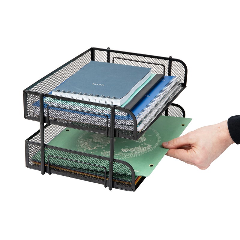 Mind Reader Stackable Paper Tray, Desktop Organizer, File Storage, Office, Metal Mesh, 13.5" L x 10" W x 7.25" H, 2 Pcs., Black - Image 5